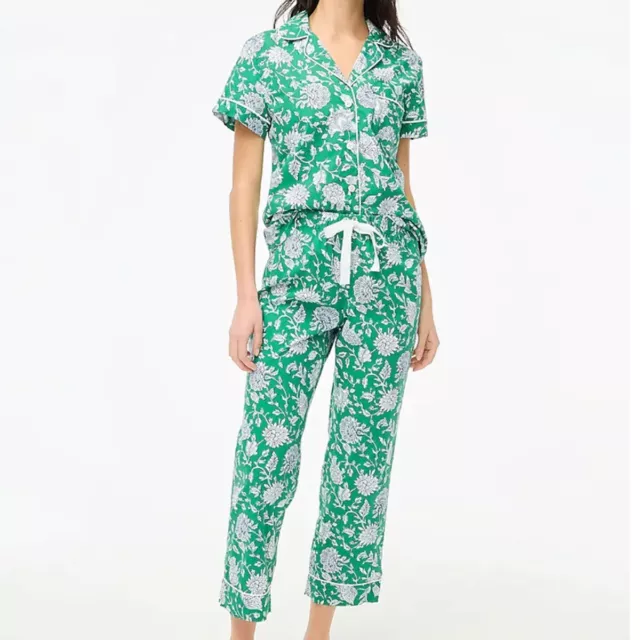 J Crew NWT $118 Green Floral Short-Sleeve Cotton Pajama Set Sz L | Cropped Pant
