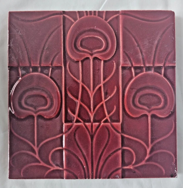 English Red Antique High  Art Nouveau Design 6 Inch Tile