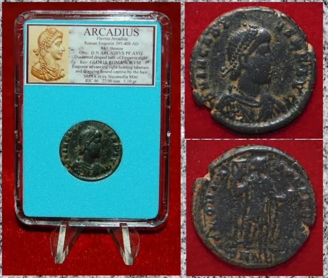 Ancient Roman Empire Coin ARCADIUS Emperor Holding Labarum And Globe