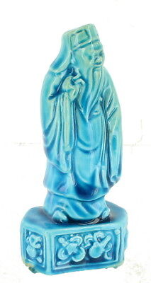 Antique Qing Chinese Export Hand Painted Turquoise Blue Old Man Figurine Statue