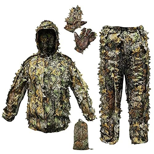 Ghillie Suit Camouflage Hunting Suits Outdoor 3D Leaf Lifelike Camo Clothing ...