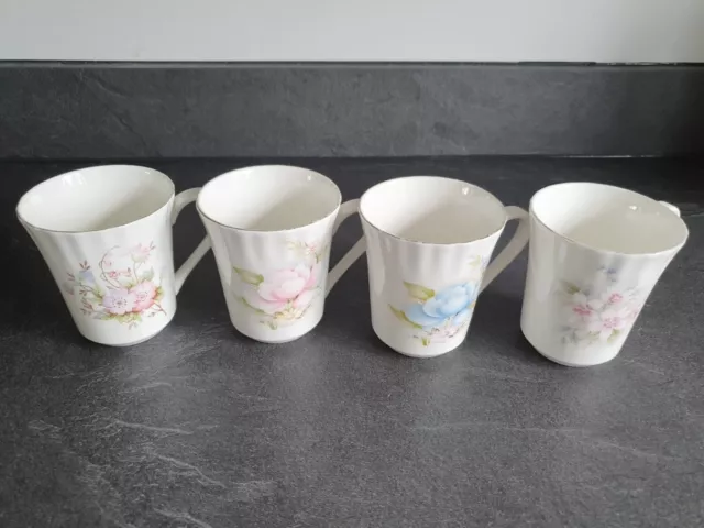 4x Queensway Fine Bone China Cups Mugs Staffordshire Floral Flowers Vintage VGC