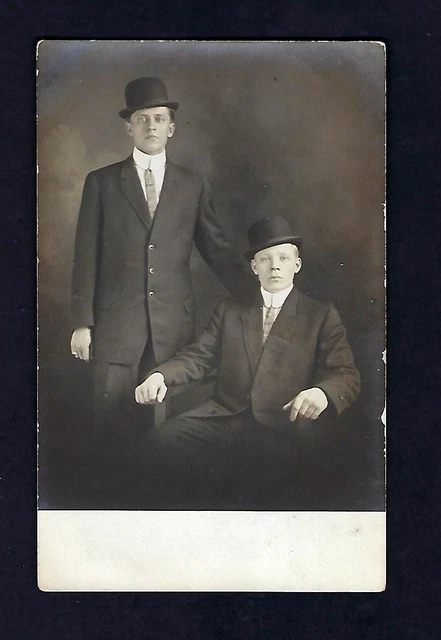 CyKo | Office | C91 Rppc 2 Young Men Suits Fedora Bowler  c1910 RPPC 2 Young Men Suits Fedora Bowler Hats Studio Real Photo Postcard CyKo display picture 1