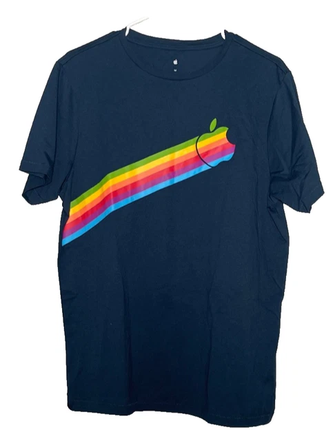 APPLE EMPLOYEE LOGO T Shirt Men's Medium Blue Rainbow Pride Stripe