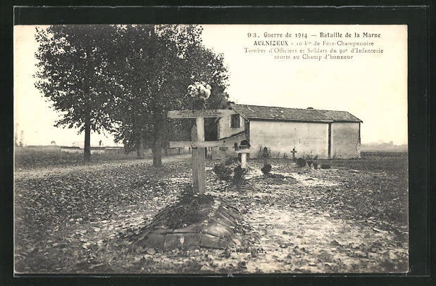 CPA Aulnizeux, Bataille de la Marne, Tombes d´Officiers et Soldats du 90. d´Inf