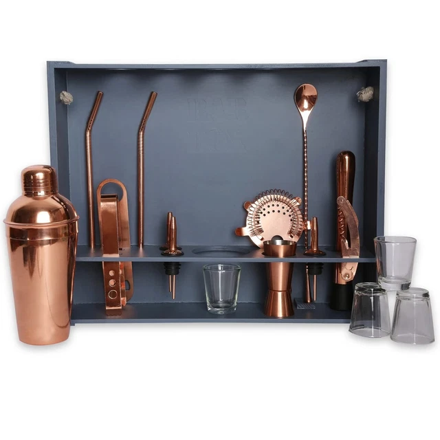 19 Pièces Cocktail Shaker Set Rustique Bois Support Pour Barman Kit Maison Rose