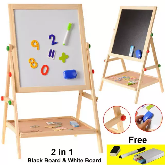 Children 2 In 1 Adjustable Black/White Board Wooden Easel Kids Drawing Board UK