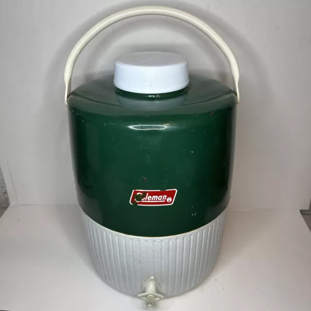 Vintage Coleman 3 Gallon Jug Green with Cup Metal Picnic Camp Water Cooler USA