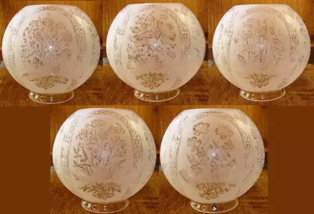 8" Etched Glass FLORAL FIVE SCENE GAS / BALL LAMP SHADE 4" fitter Victorian oil