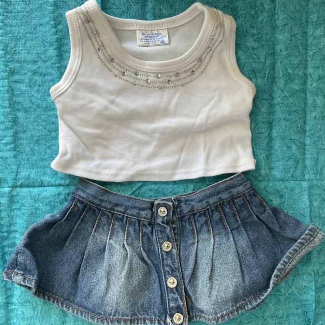 Build a Bear Clothes White Tank Top Sequin & Pleated Button Up Denim Skirt