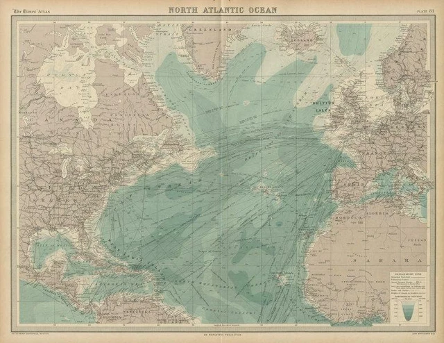 North Atlantic Ocean. Shipping routes & currents. Depths. THE TIMES 1922 map