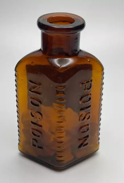 Brown Diamond Bottle Embossed POISON 2 3/4" tall KD-1 w/ label and tablets