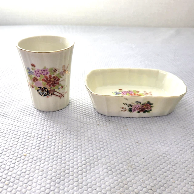Vintage Japan Porcelain Bathroom Set Soap Dish Toothbrush Holder Cup Flowers