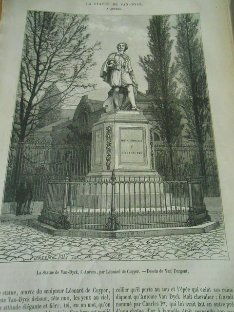 La Statue de Van Dyck à Anvers Gravure Antique Print 1877