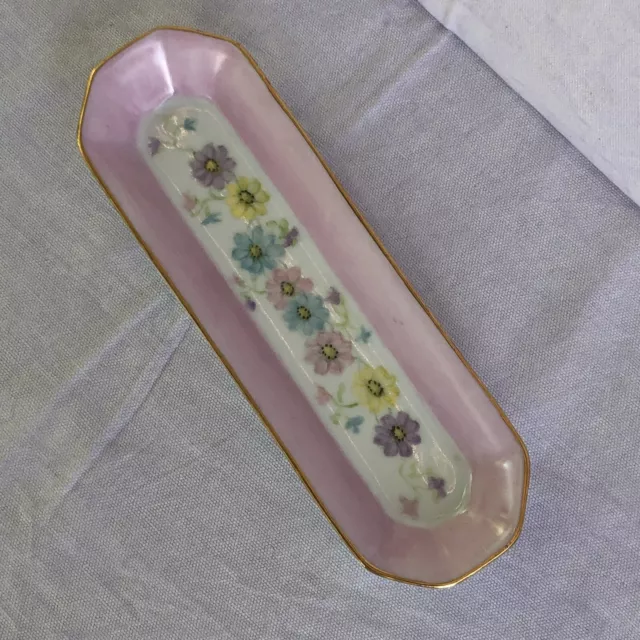 Pink Porcelain Trinket Tray by Lemay Spring Floral with Gold Trim 8 1/8 X 2 1/2”