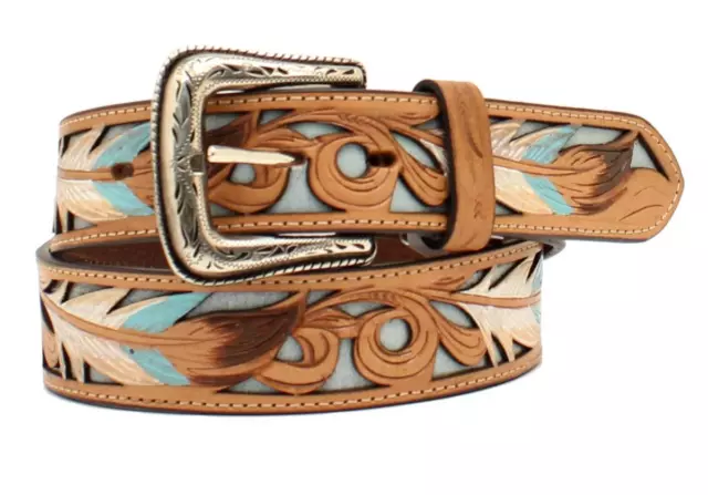 Nocona Western Mens Belt Leather Feather Tooled Filigree Inlay Brown N210006002
