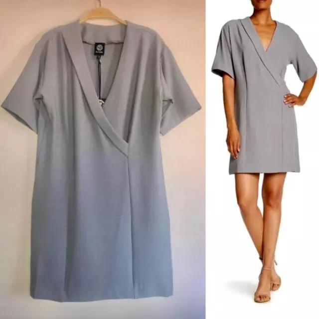 BOBEAU Woman XS S Gray Woven Crepe Faux Wrap Short Sleeve Modern Work Dress $59