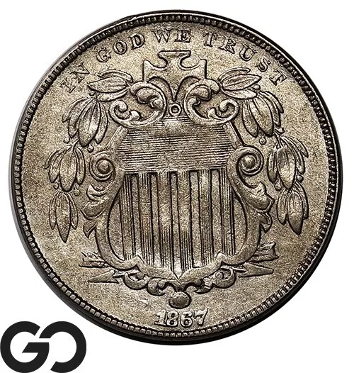 1867 Shield Nickel, No Rays, Choice AU++