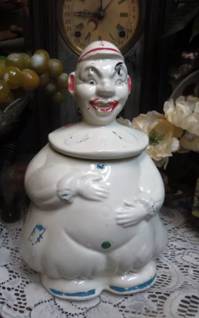 Vintage Clown Cookie Jar American Bisque Lucky Horseshoe 1940's