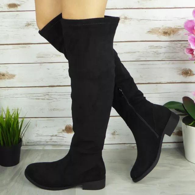 Womens Thigh High Boots Ladies Over The Knee Stretch Suede Low Heel Shoes Size