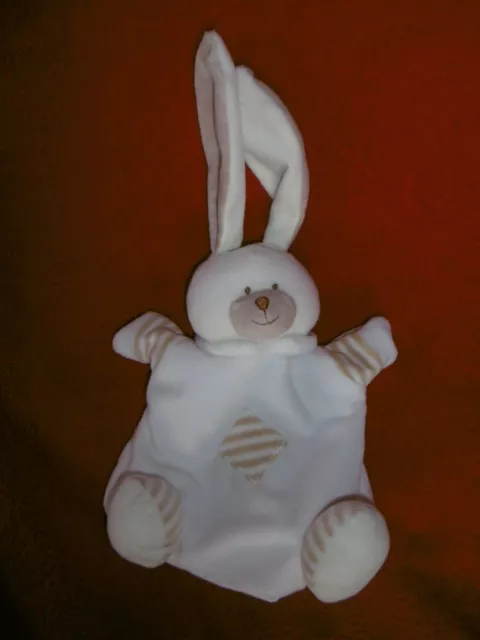 Doudou Marionnette Grelot Lapin Blanc Rayé Beige PLUSBU