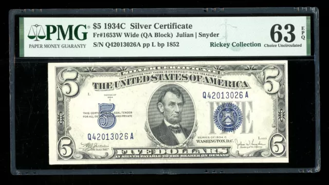 DBR $5 1934-C Silver Fr. 1653W QA Block Wide Face PMG 63 EPQ Serial Q42013026A