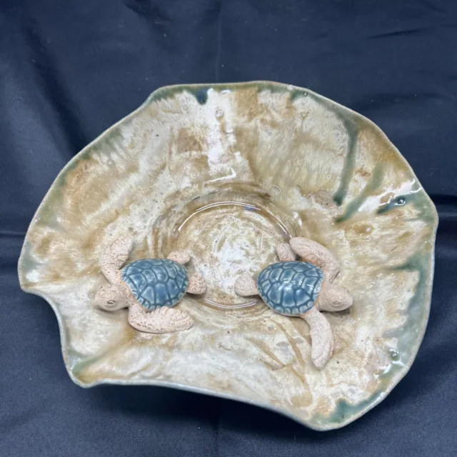 Vintage Majolica TURTLES in Fan Bowl Pottery Wall Hanging Or Console Bowl
