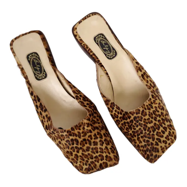 Salpy Leopard Animal Print Low Clog Calf Hair Handmade Shoes Size 7 Tan Brown