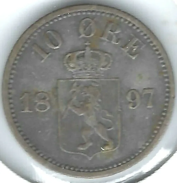 1897 Norway XF Circulate Silver 10 Ore Arms & Date Coin!