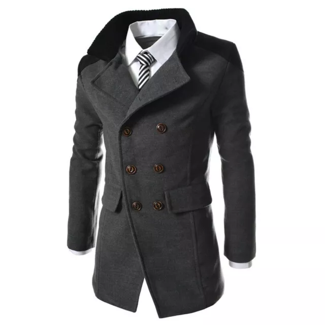Mens Winter Warm Woolen Long Jacket Trench Coat Double Breasted Overcoat Outwear 4