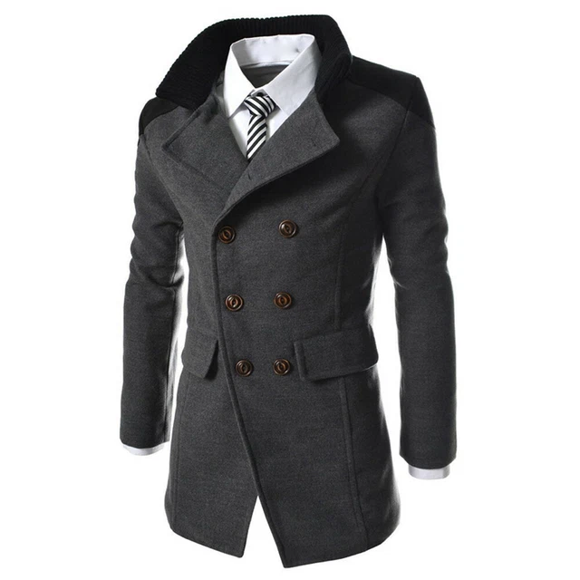 Mens Winter Warm Woolen Long Jacket Trench Coat Double Breasted Overcoat Outwear 4