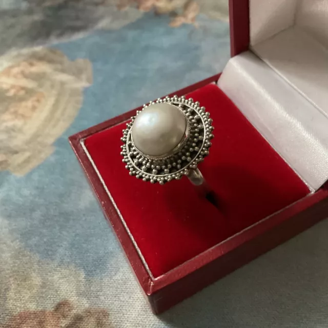 Enorme Perle Mabé, Argent Massif, Belle Bague Ancienne 3