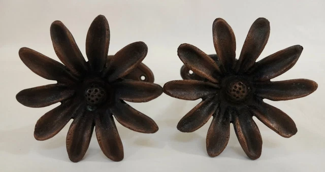 Pair of Solid Metal Dasiy Curtain or Drapery Tie Backs, Towel Hooks, Nice Patina
