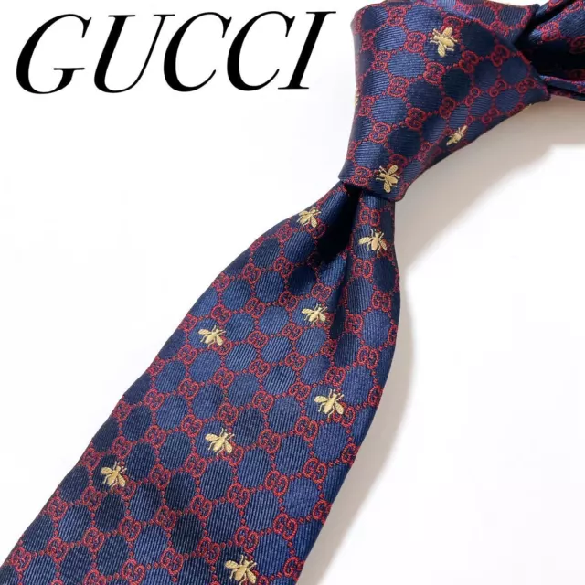 Gucci Tie GG Bee Pattern Silk Men Necktie Navy Red Width 7cm Authentic no box