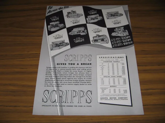 1950 Print Ad Scripps Marine Engines 8 Models Shown Made in Detroit,MI