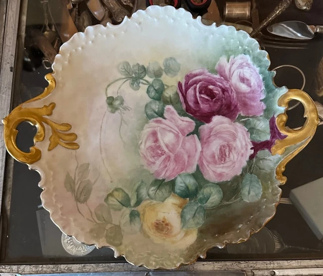 Bavaria Limoges Hand Painted Porcelain 12" Cake Plate Charger Large Roses gold