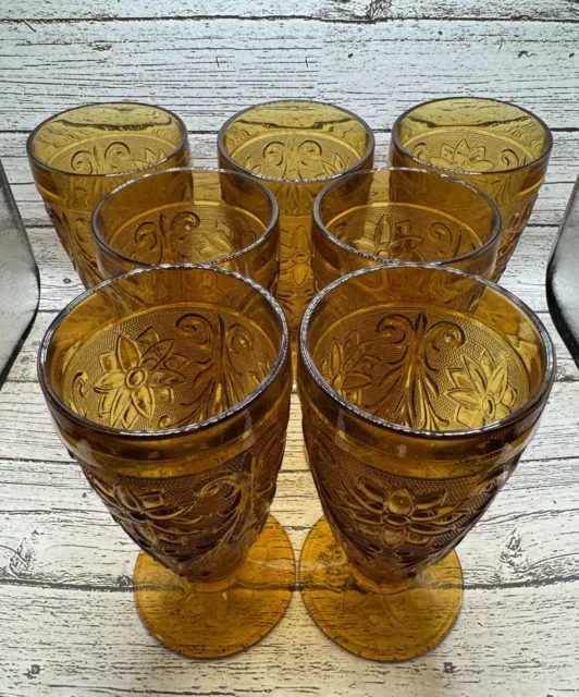 7 Vintage Indiana Glass Tiara Pattern Amber Water or Iced Tea Footed Glasses