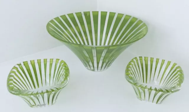 Nybro Anders Lindblom Lime Green TWIST  Striped Glass Bowl Candle Holders Sweden