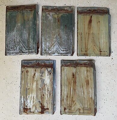 5 Antique galvanized tin roof barn shingles 9” x 14” rustic rust embossed metal