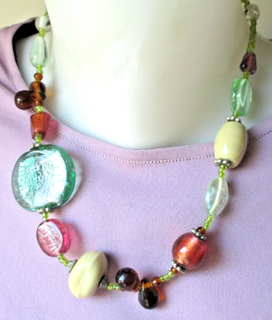 Collier Perles Murano Violettes Sur Feuille D'argent - Pâte De Verre Italienne