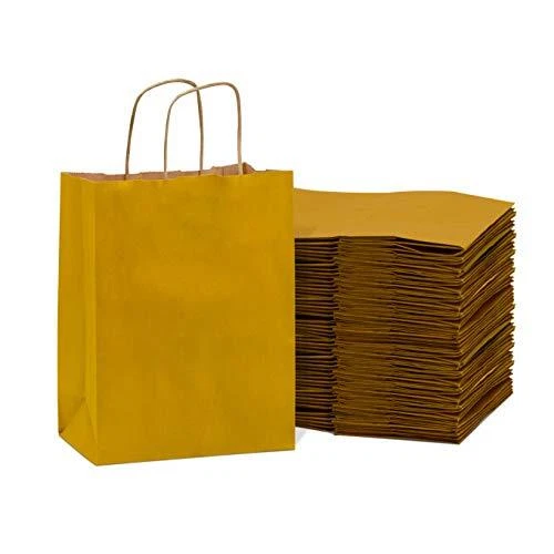 Yellow Gift Bags - 8x4x10 Inch 50 Pack Mustard Kraft Paper Shopping Bags with...