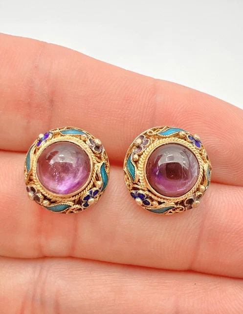 Vintage Chinese Export Gilt Silver Amethyst Enamel Filigree Post Earrings Vintage Chinese Export Gilt Silver Amethyst Enamel Filigree Post Earrings