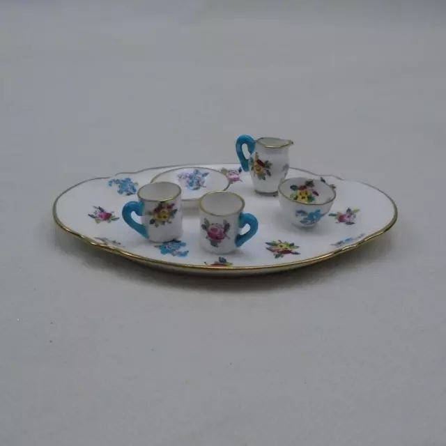 CROWN STAFFORDSHIRE TINY BLUE HANDLE FLORAL MINIATURE TEA CUP 16pc FREE SHIP AD