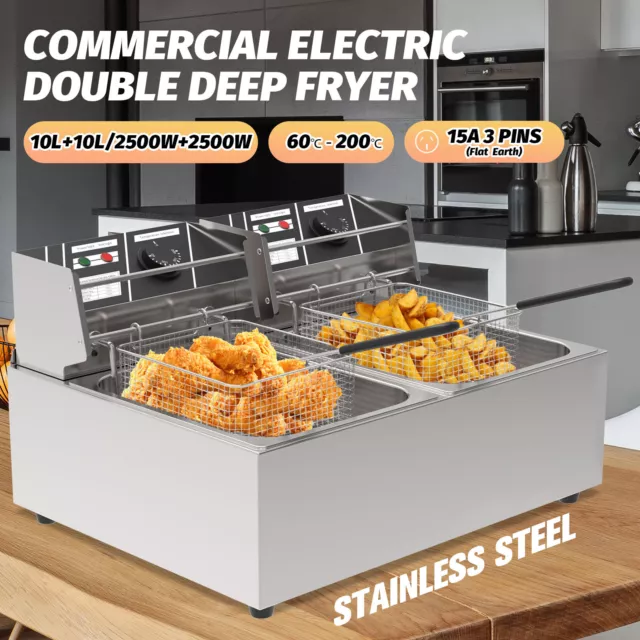 2500W 10L+10L Commercial Electric Double Deep Fryer Stainless Steel Chip Cooker