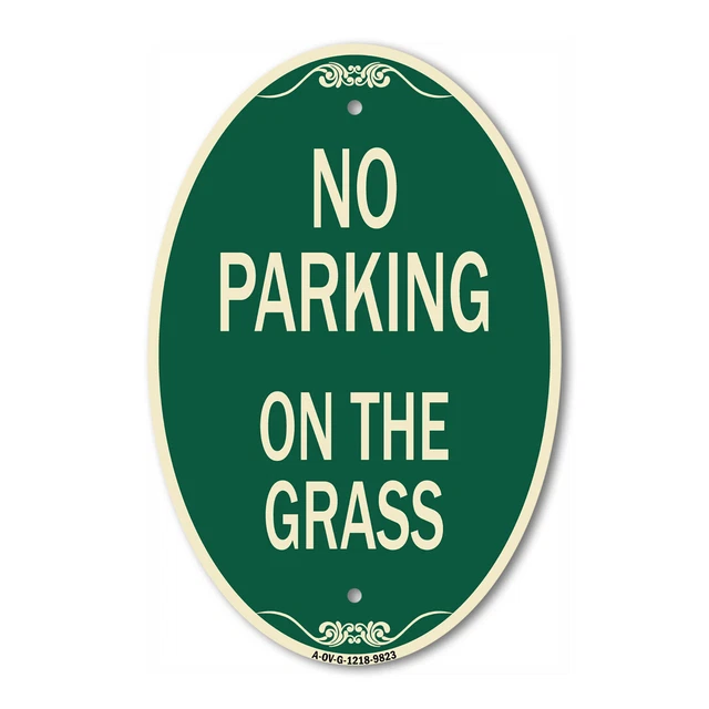 Designer Series Oval - No Parking On The Grass Green & Tan Heavy-Gauge Aluminum