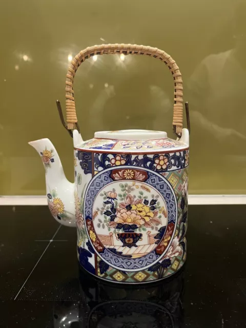 Beautiful Hand Painted Floral Tea Pot With Rattan Handle Vintage - Pristine Cond