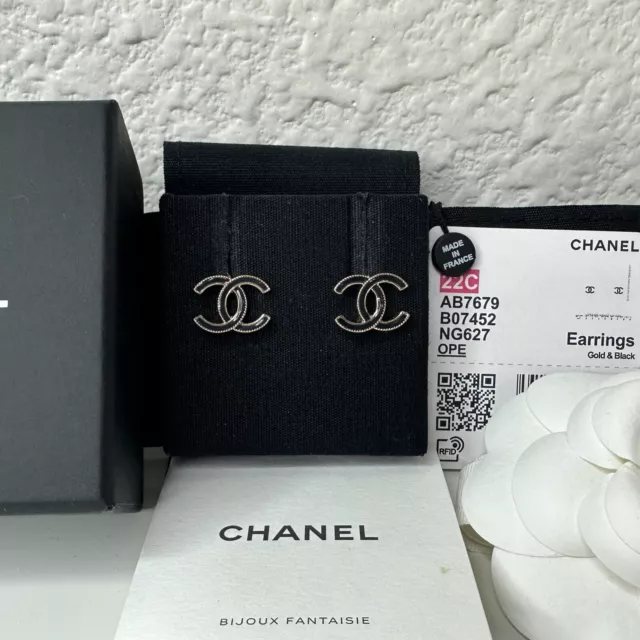 CHANEL CC Logo Black Leather Pearls Stud Earrings Gold Tone NWTB 22 Italy  Large