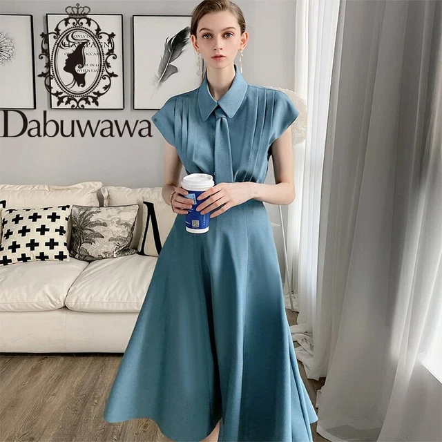 Dabuwawa Blue Tie Pleated Shirt Top Long A-Line Skirt Set Women Short Sleeve