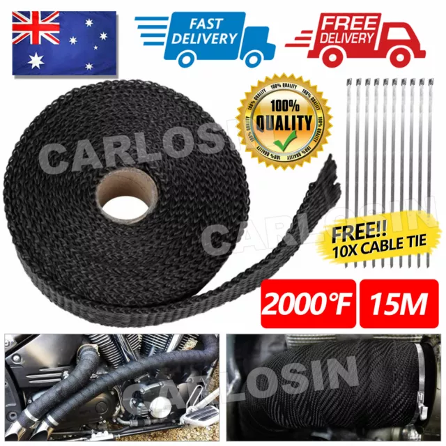 Heat Resistant 2000F Exhaust Wrap Black 15Mx50mm + 10 Stainless Steel Ties