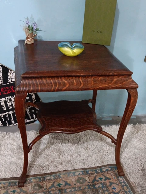 Antique Victorian 1800'S Quarter Sawen Tiger Oak Parlor End Lamp Table Old Rare